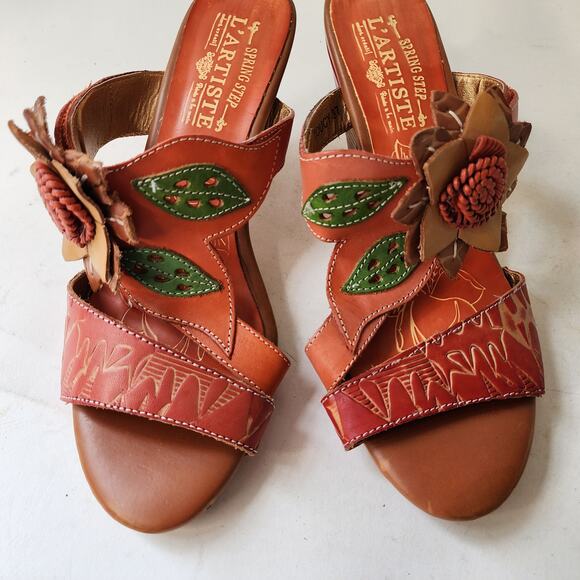 L'Artiste Spring Step Toucy Orange Floral Sandals EU 37 US 6.5-7 Stacked Heel - Picture 3 of 7